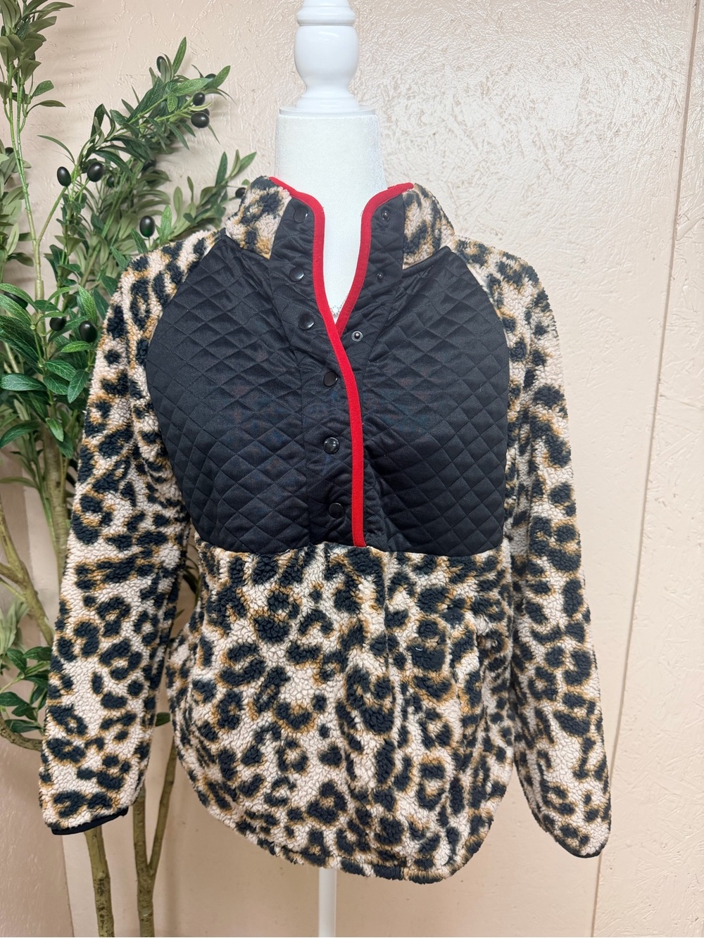 Maurices Leopard Teddy Jacket with Black Quilted Yoke and Red Trim